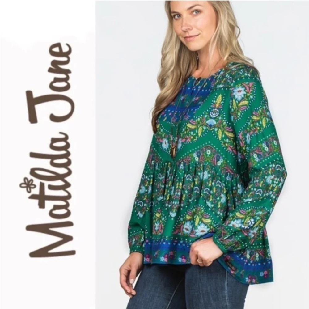 Matilda Jane Womens Medium Evergreen Floral‎ Print Baby Doll Rayon Blouse Top